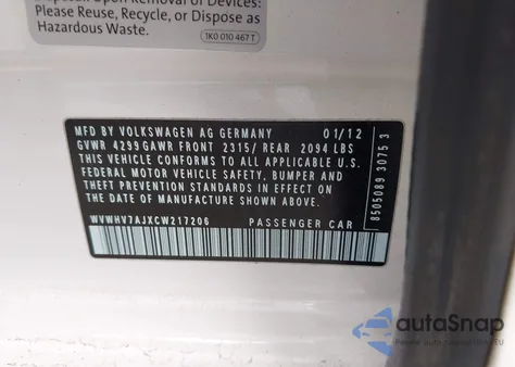 2012 Volkswagen Gti 4-Door Autobahn from USA, damaged, VIN WVWHV7AJXCW217206